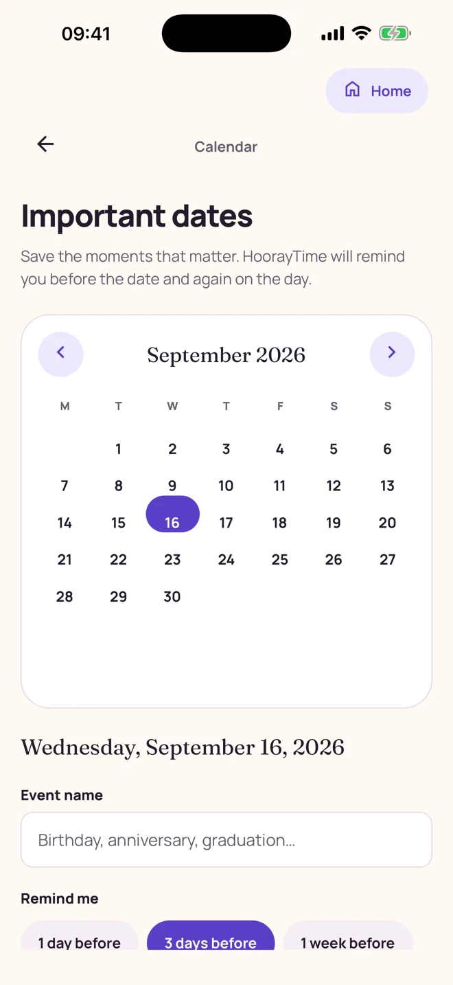 Calendar screenshot showing Important dates and 1-day, 3-day, and 1-week reminder options