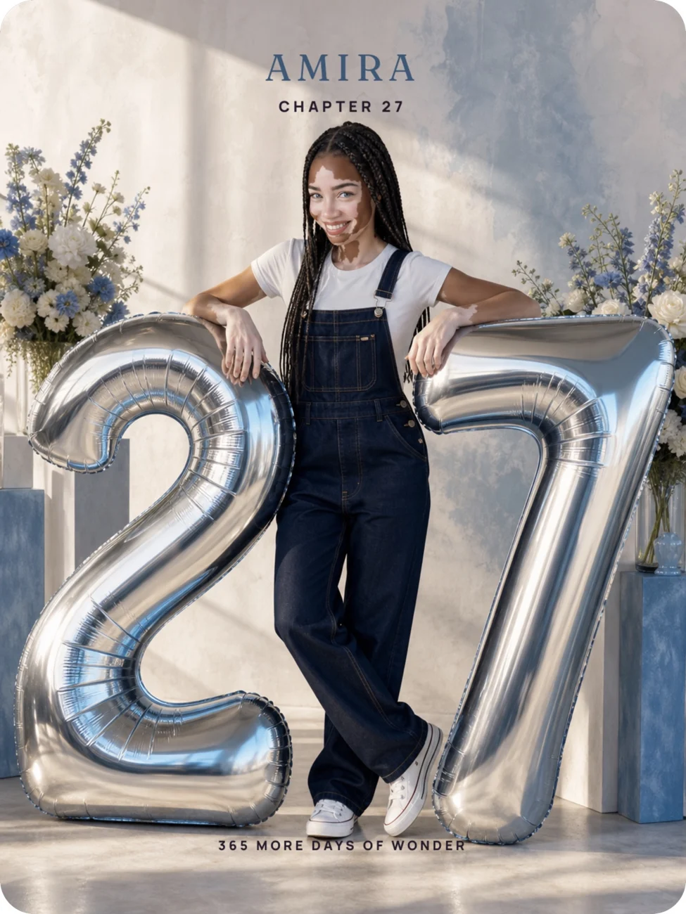AI birthday portrait of Amira beside silver 27 balloons